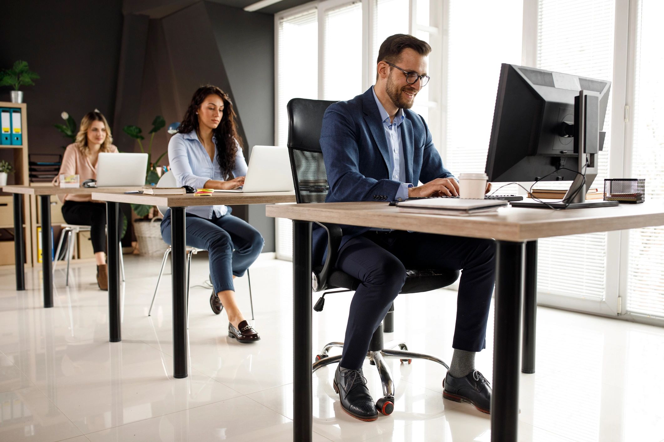Business professionals collaborating in an office environment